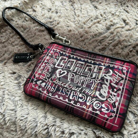 Coach Poppy Plaid Multicolor Pink Black Logo Wristlet w Charm Handwriting Print - Picture 1 of 7
